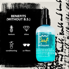 Bumble and bumble label ingredients closeup highlighting sea salt, mineral complex and UV filter benefits