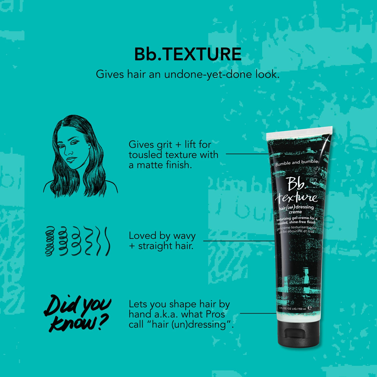 Bumble and bumble before and after wavy hair illustrating added lift and tousled texture