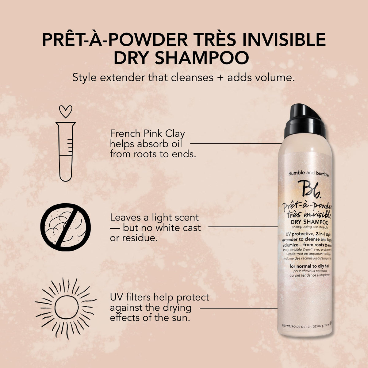 Bumble and bumble visible texture of spray on hand illustrating lightweight absorption