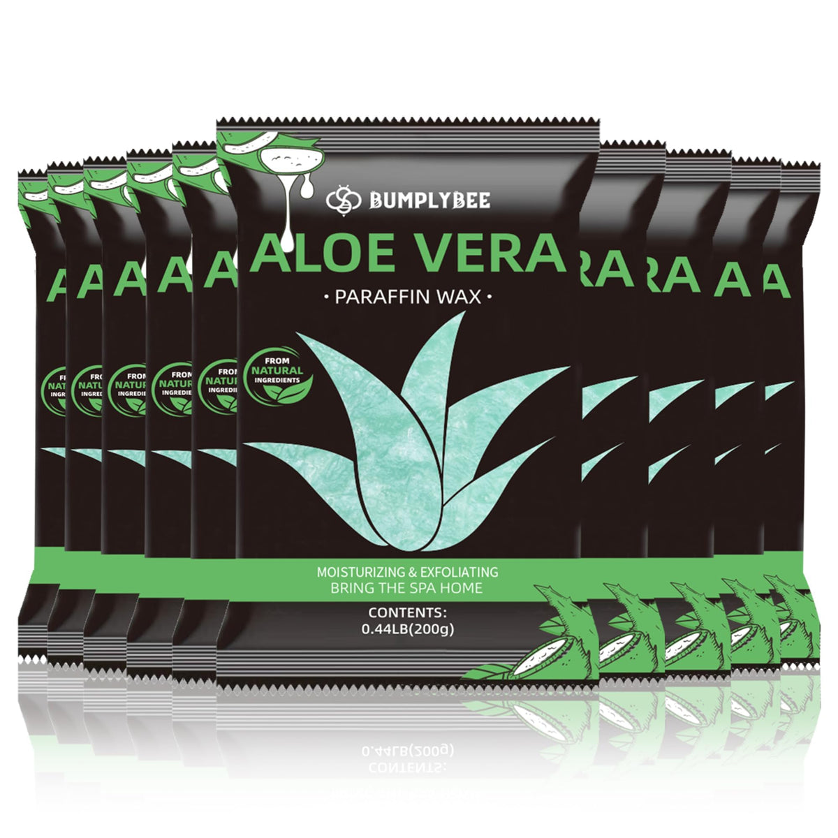 BUMPLYBEE front packaging showing ten aloe paraffin wax refills and benefits