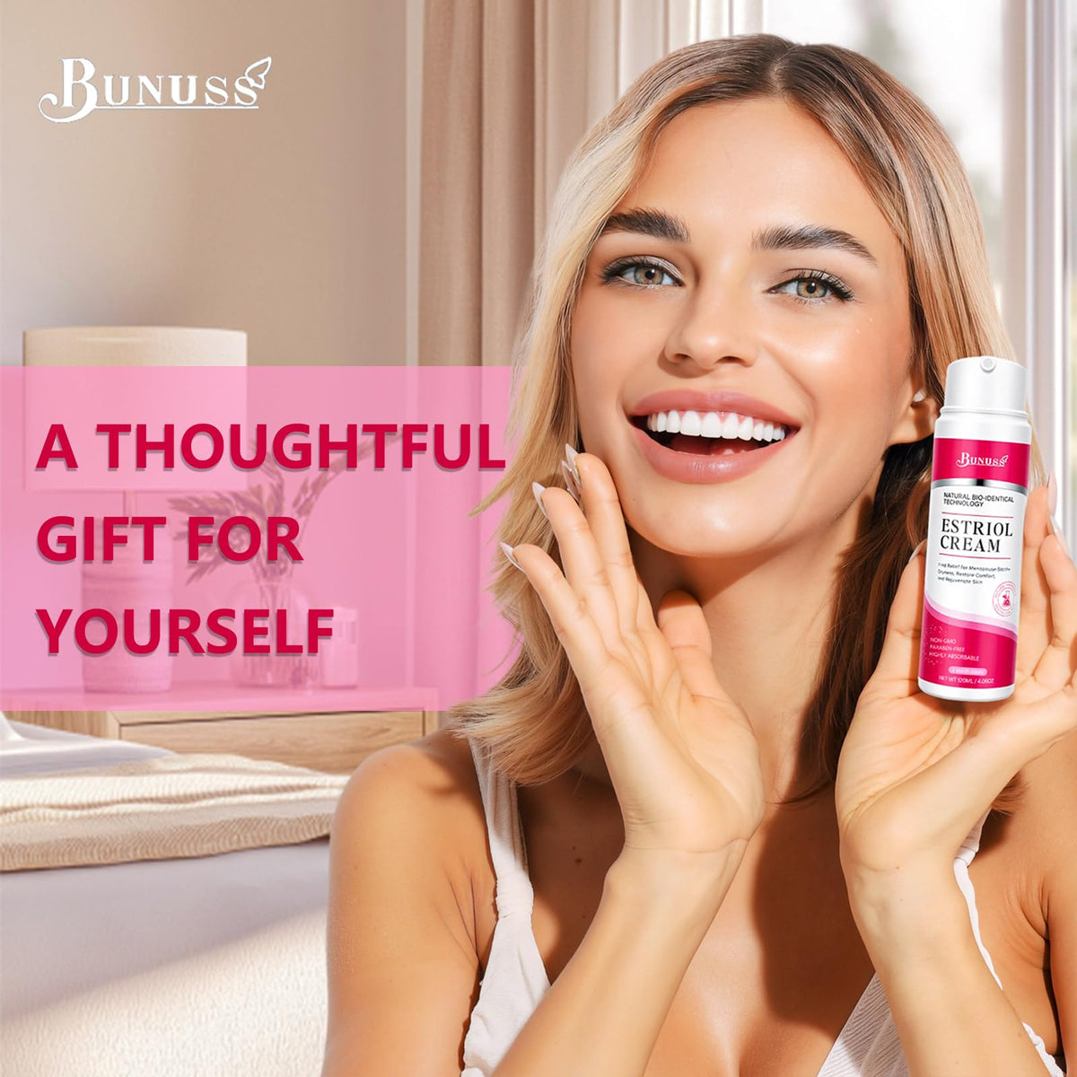 BUNUSS bottle placed on bathroom shelf suggesting daily routine