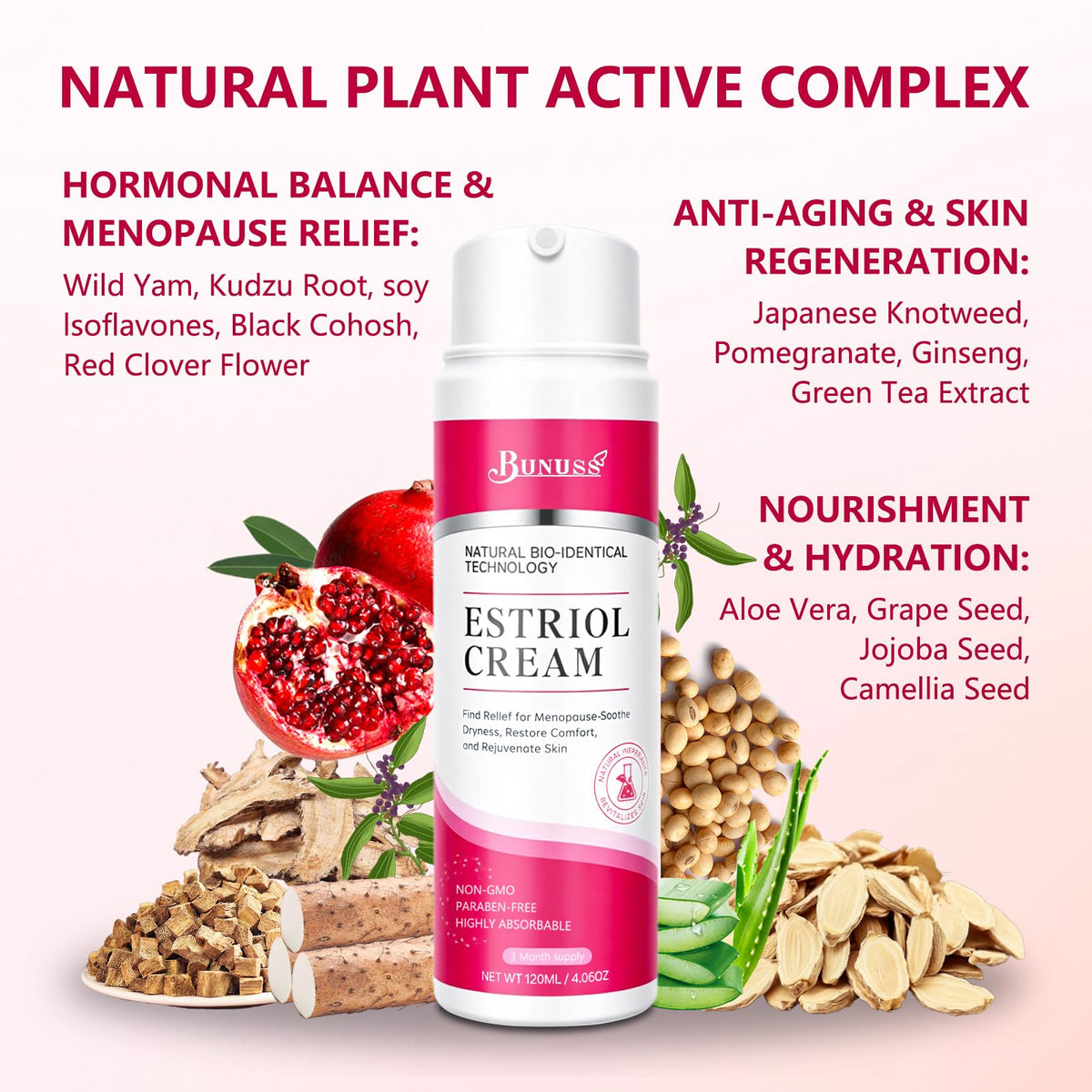 BUNUSS wild yam and botanical ingredients highlighting natural actives
