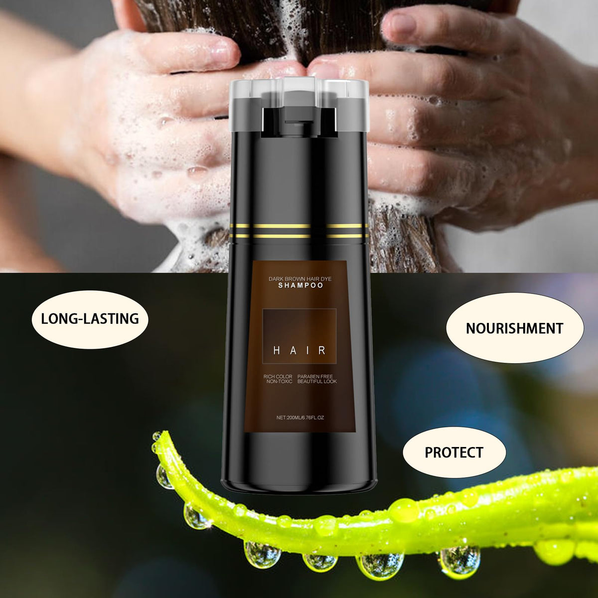 Bupposes applying dye shampoo to wet hair with gloves, demonstrating easy at-home use