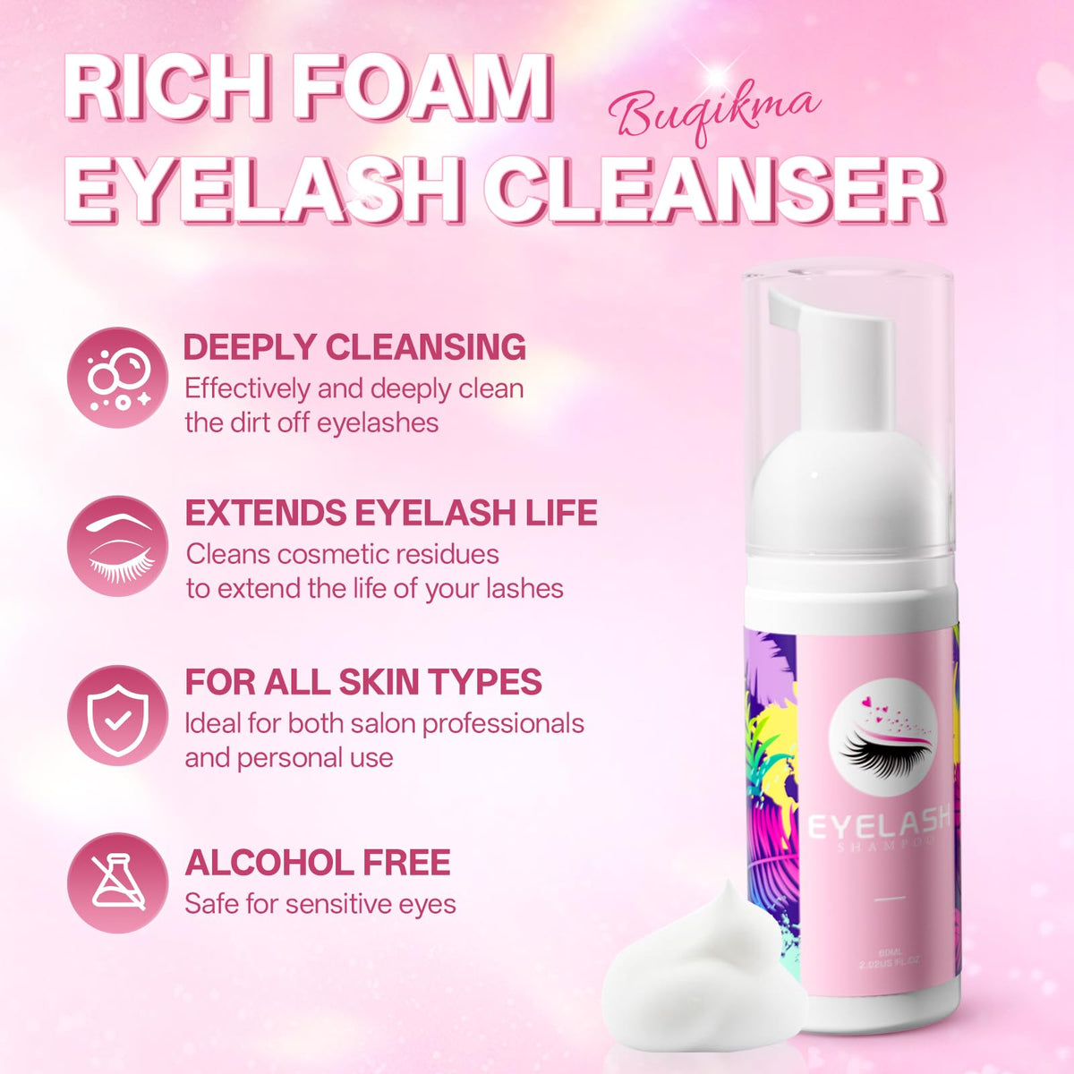 Buqikma 60ml lash shampoo bottle close-up showing gentle foaming action