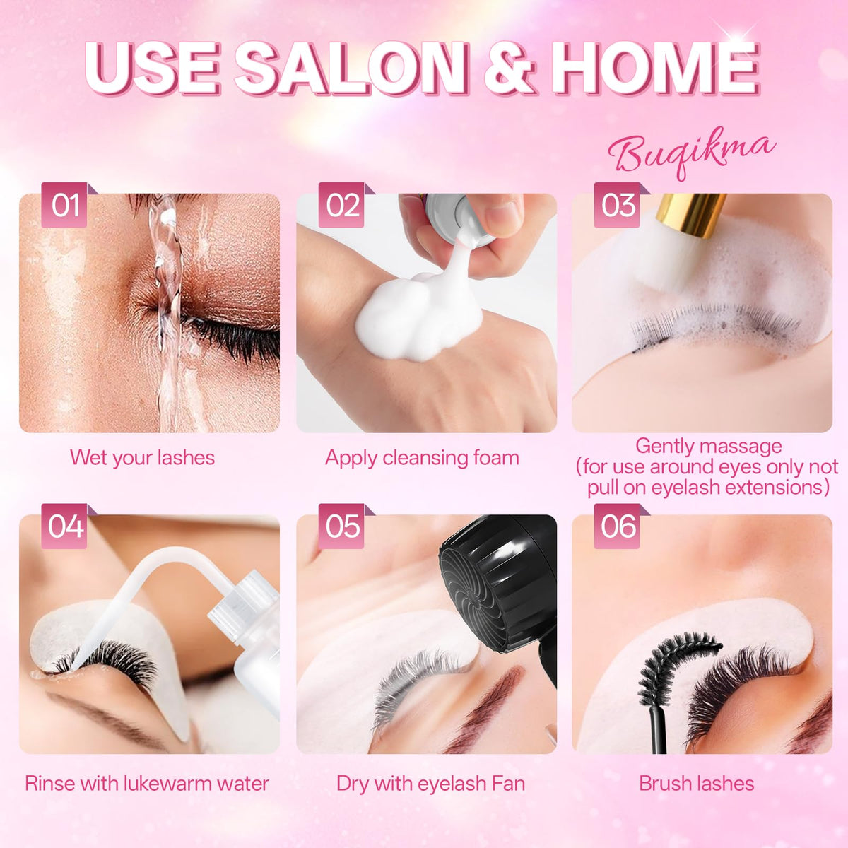 Buqikma lashes being washed with foam to remove makeup residue