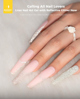 BURANO silver liner stroke on nail tip highlighting reflective glitter and crisp coverage
