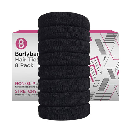 Burlybands front packaging showing eight black large hair ties and clear branding for value