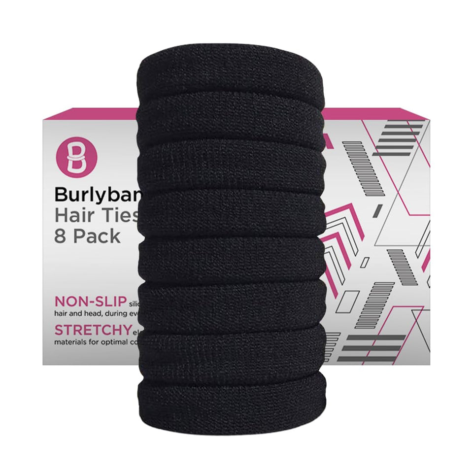 Burlybands front packaging showing eight black large hair ties and clear branding for value