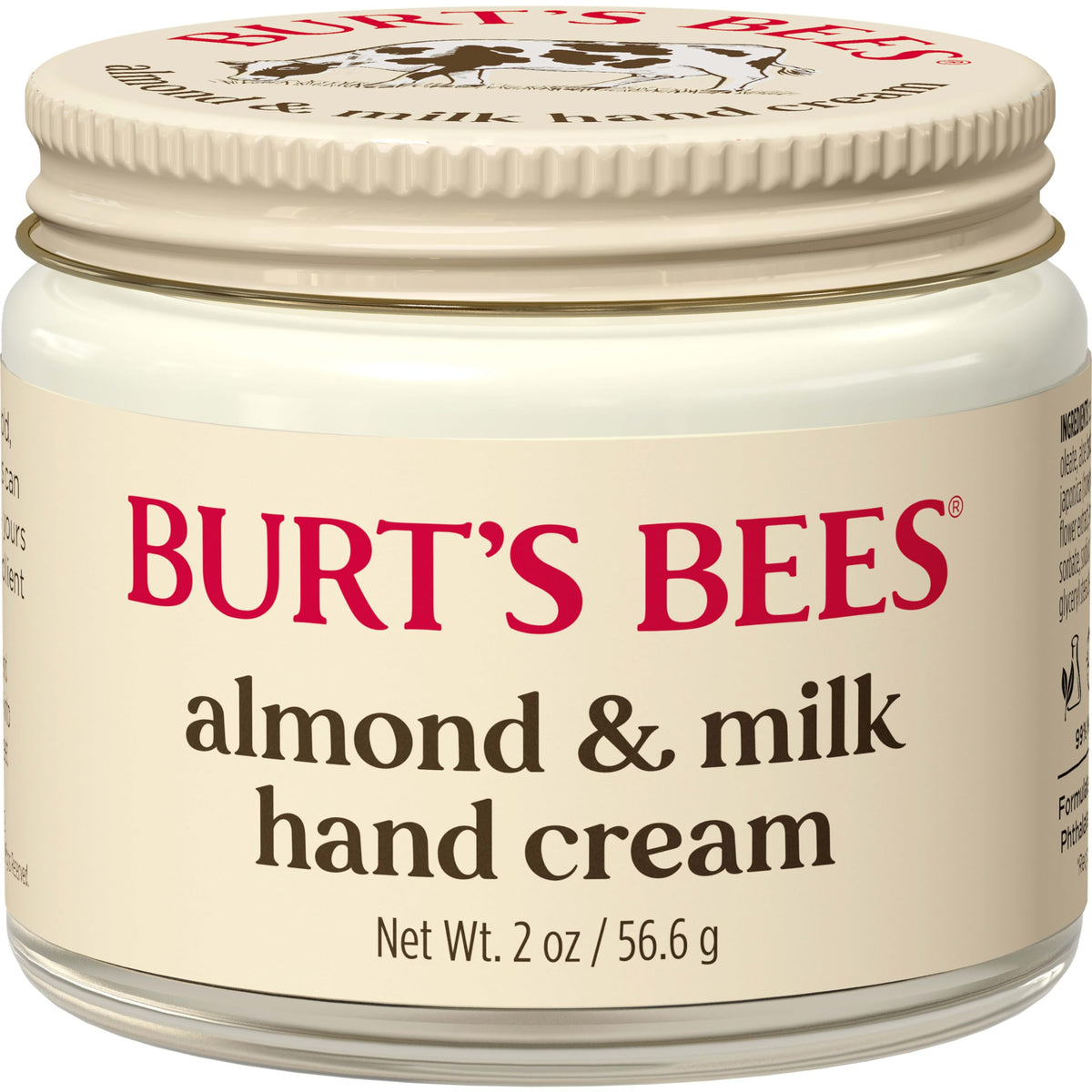 Burt's Bees front tube showing almond and milk hand cream branding and convenience