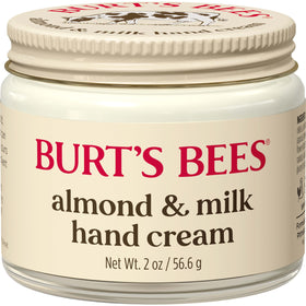 Burt's Bees front tube showing almond and milk hand cream branding and convenience