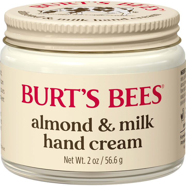 Burt's Bees front tube showing almond and milk hand cream branding and convenience