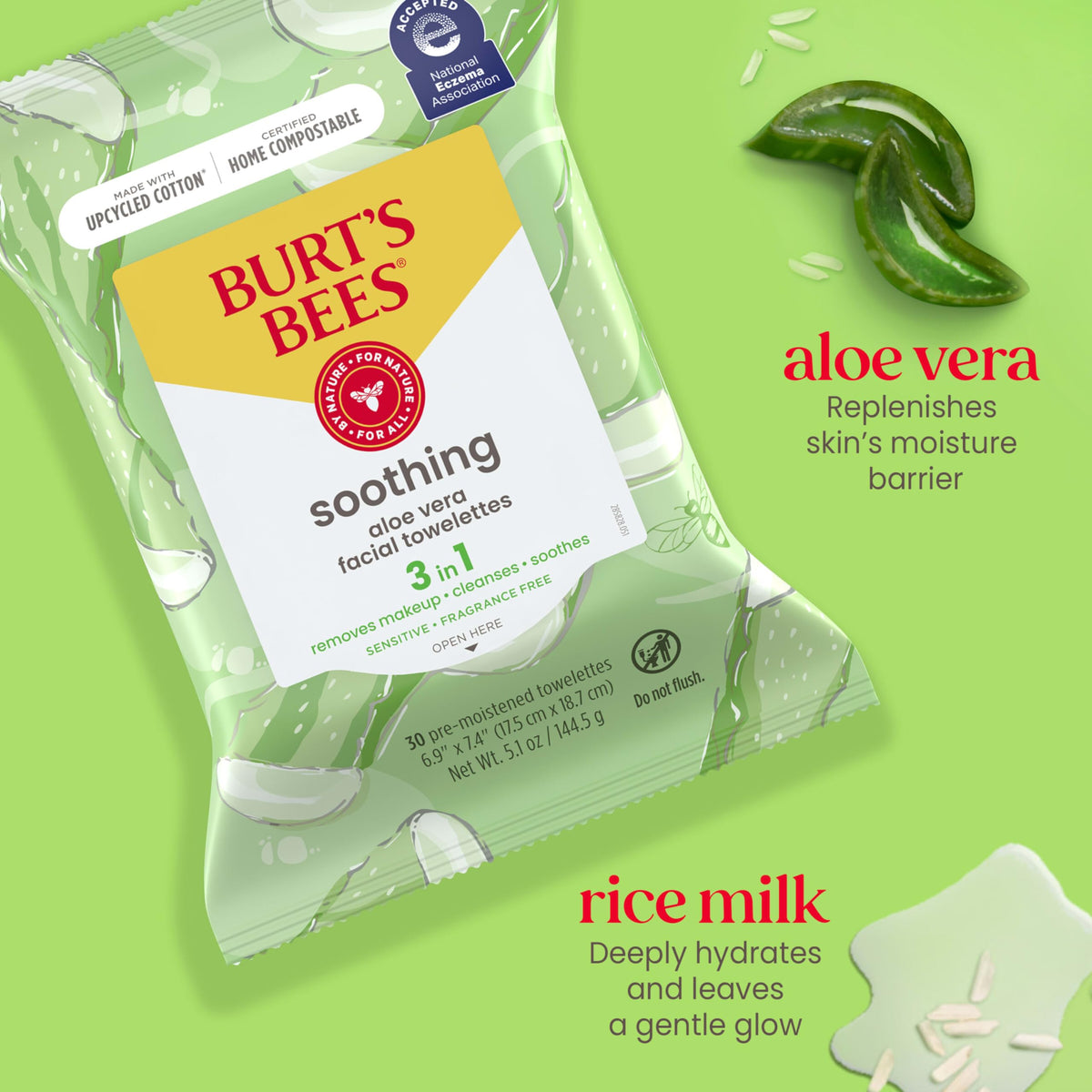 Burt's Bees aloe leaf next to wipes emphasizing soothing hydration benefit