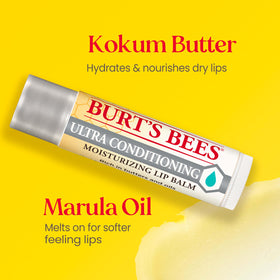 Burt's Bees applied on lips demonstrating smooth finish and softening benefit