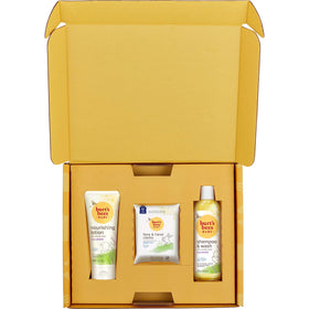 Burt's Bees gift set styled on table ready as a baby shower present