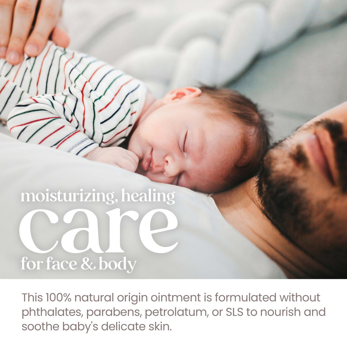 Burt's Bees label closeup displaying ingredient callouts and pediatrician-tested note