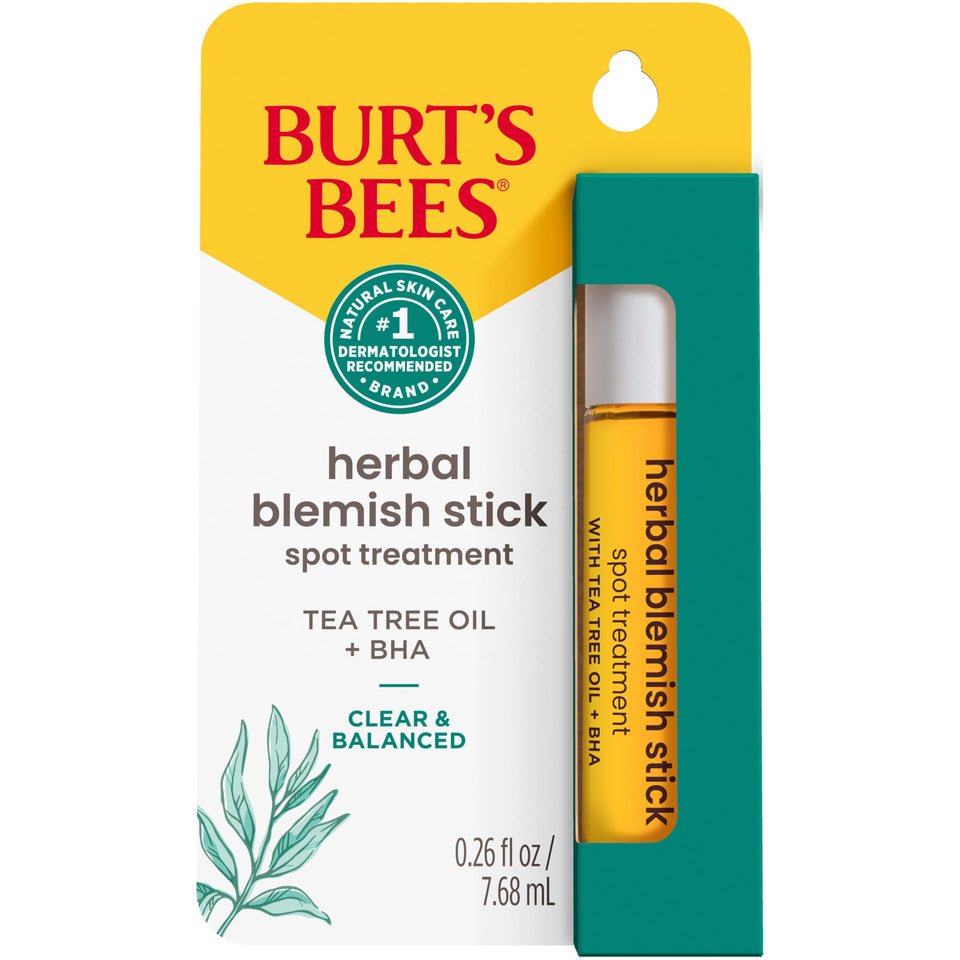 Burt's Bees front packaging showing compact blemish stick and branding benefit