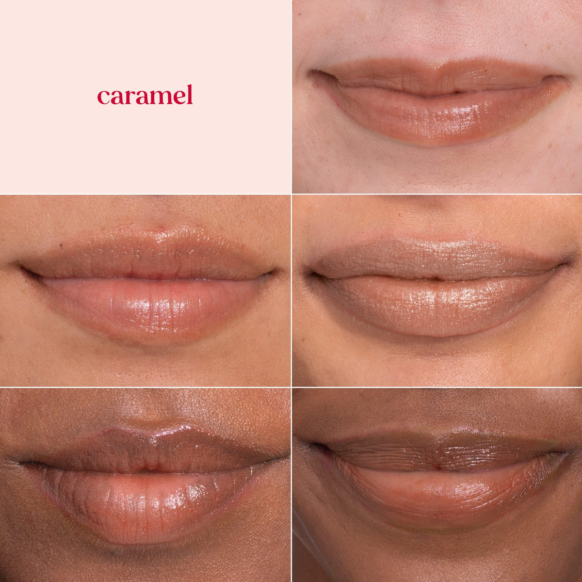 Burt's Bees caramel applied on lips showing warm luminous finish