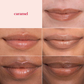 Burt's Bees caramel applied on lips showing warm luminous finish