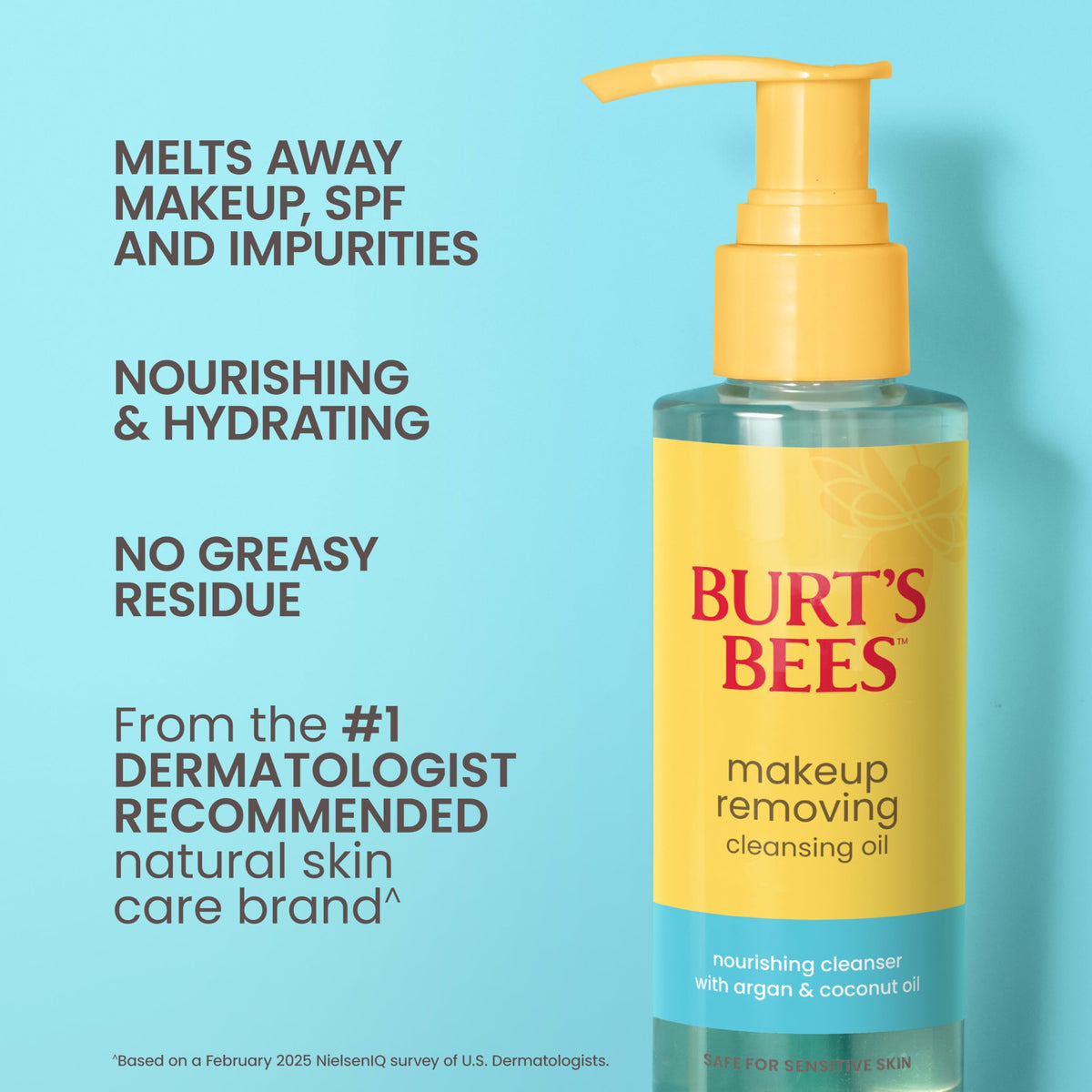 Burt's Bees cleansing oil being massaged into dry hands, melts makeup effectively