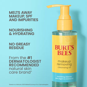 Burt's Bees cleansing oil being massaged into dry hands, melts makeup effectively