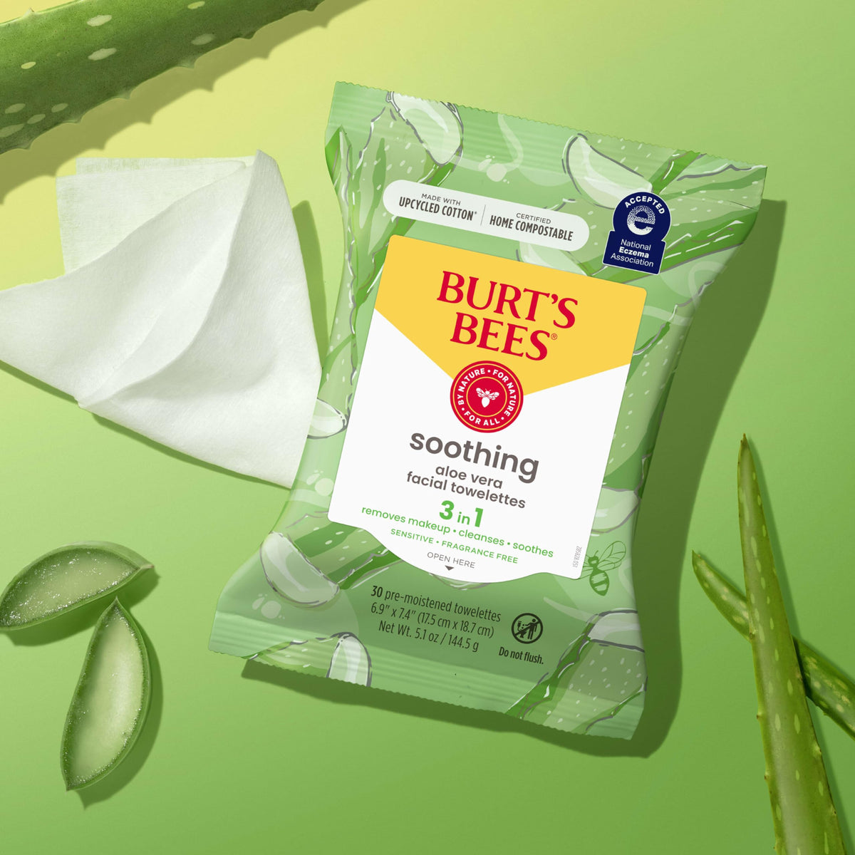 Burt's Bees compostable label close-up indicating reduced environmental impact