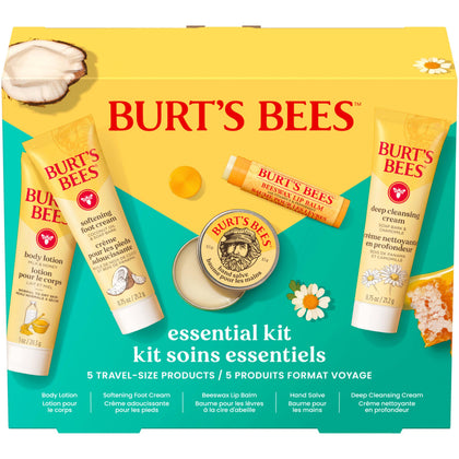 Burt's Bees essentials set front packaging showing five travel-size items for gifting