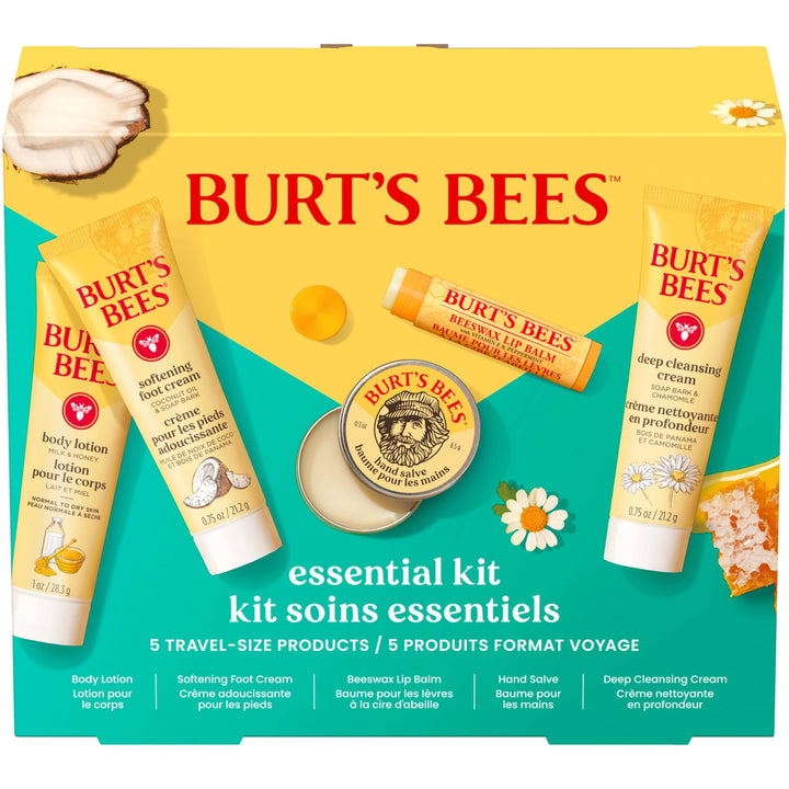 Burt's Bees essentials set front packaging showing five travel-size items for gifting