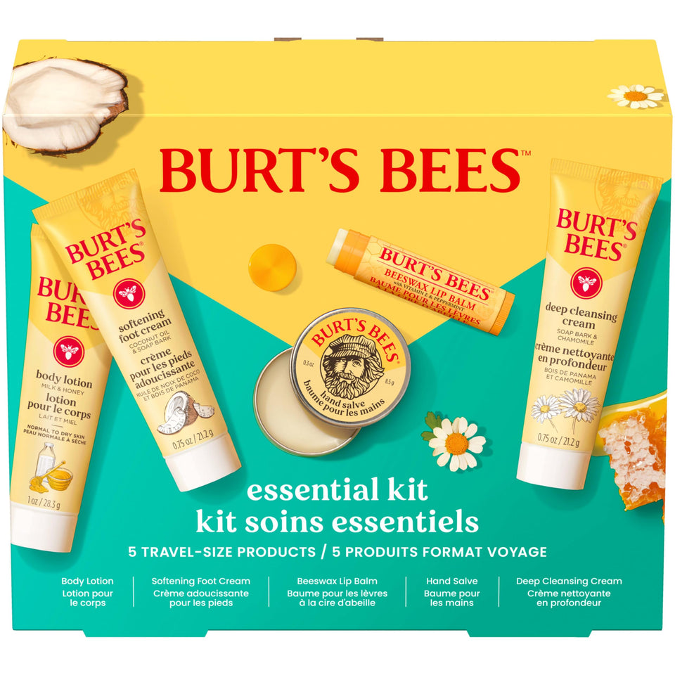 Burt's Bees essentials set front packaging showing five travel-size items for gifting