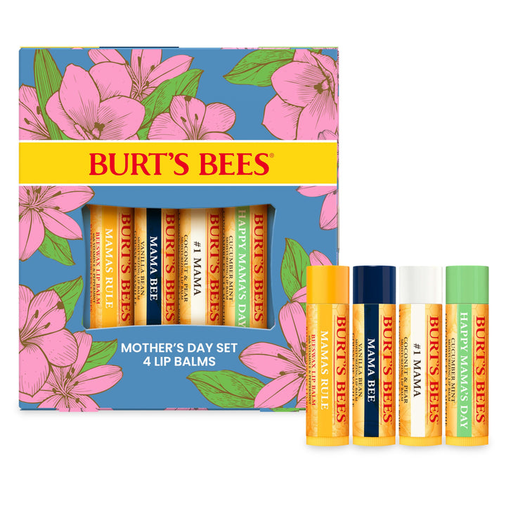 Burt's Bees front packaging showing the four balm tubes and gift set benefit