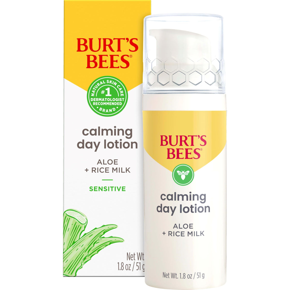 Burt's Bees front packaging of calming day lotion showing branding and size benefits