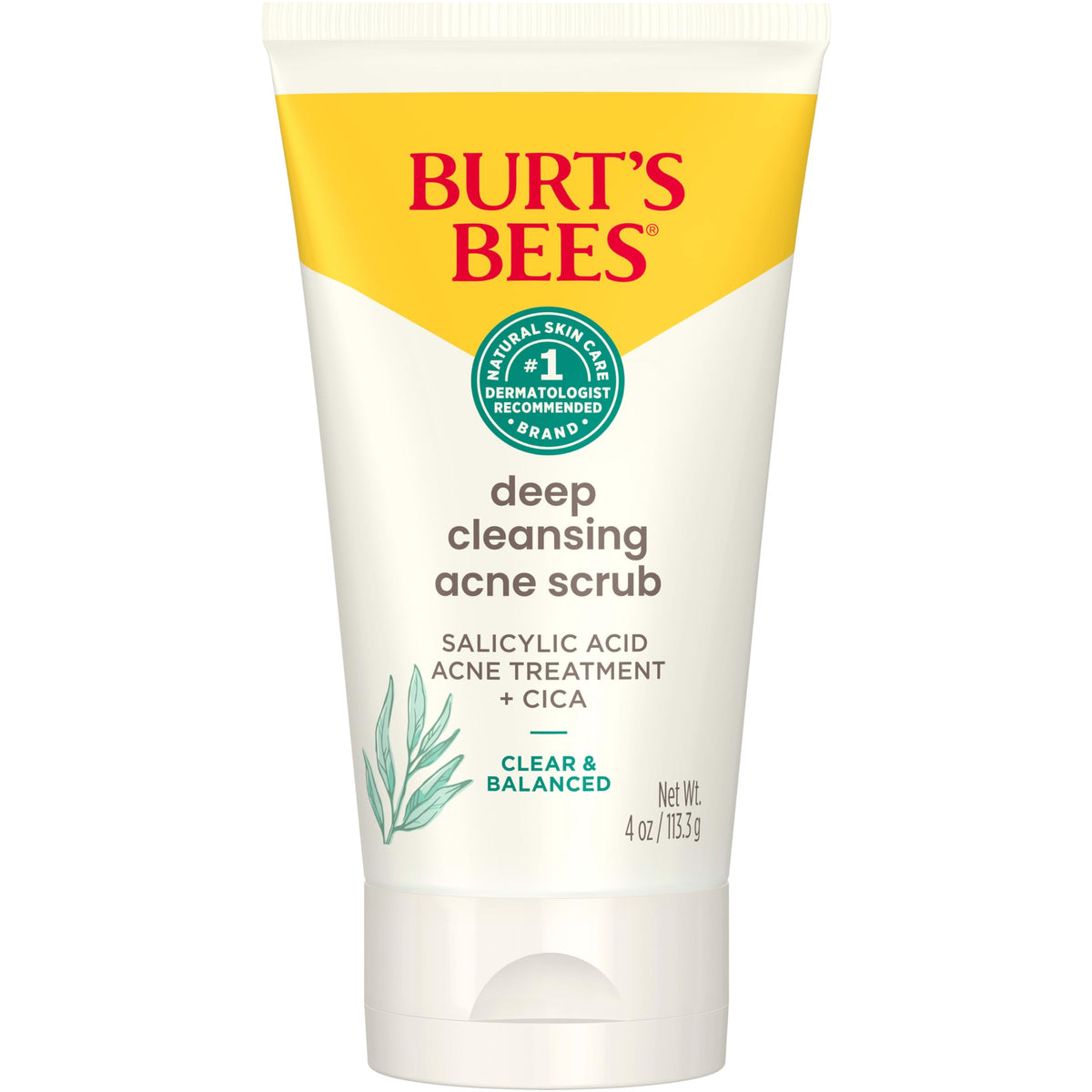 Burt's Bees front packaging of clear and balanced scrub showing product benefits