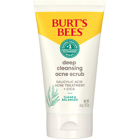 Burt's Bees front packaging of clear and balanced scrub showing product benefits