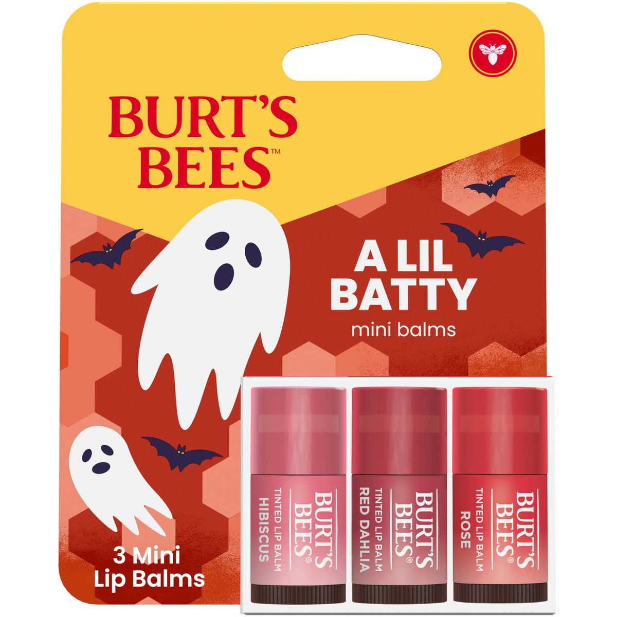 Burt's Bees front packaging showing Halloween artwork and three mini tubes for seasonal gifting