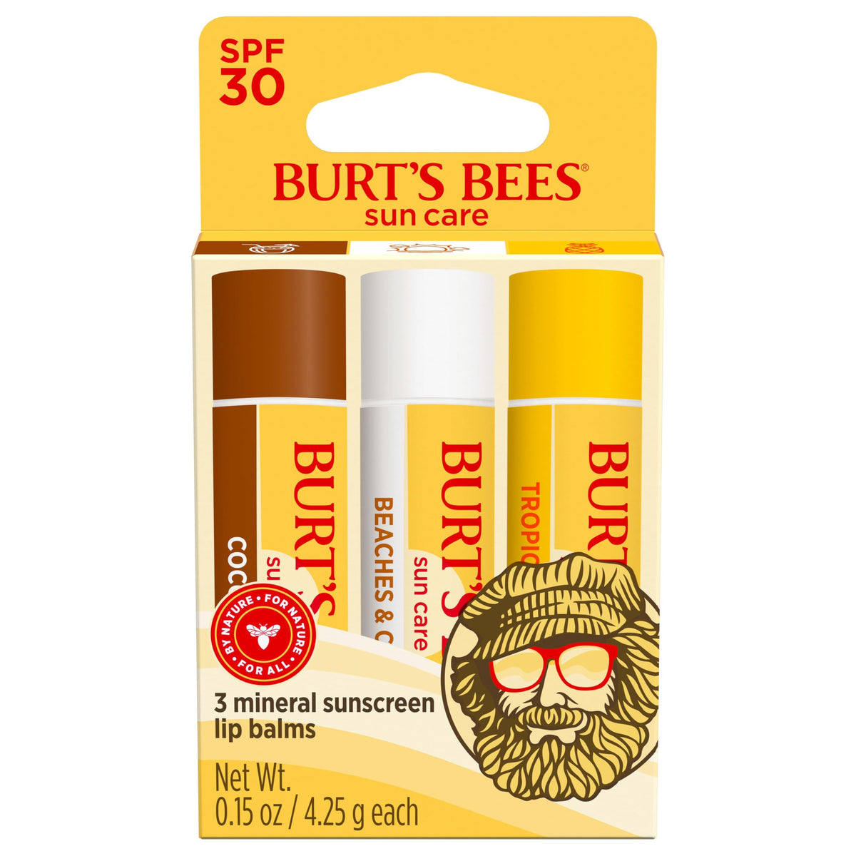 Burt's Bees front packaging showing Island Getaway trio and SPF benefits