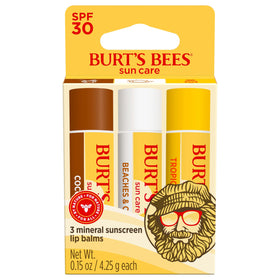 Burt's Bees front packaging showing Island Getaway trio and SPF benefits