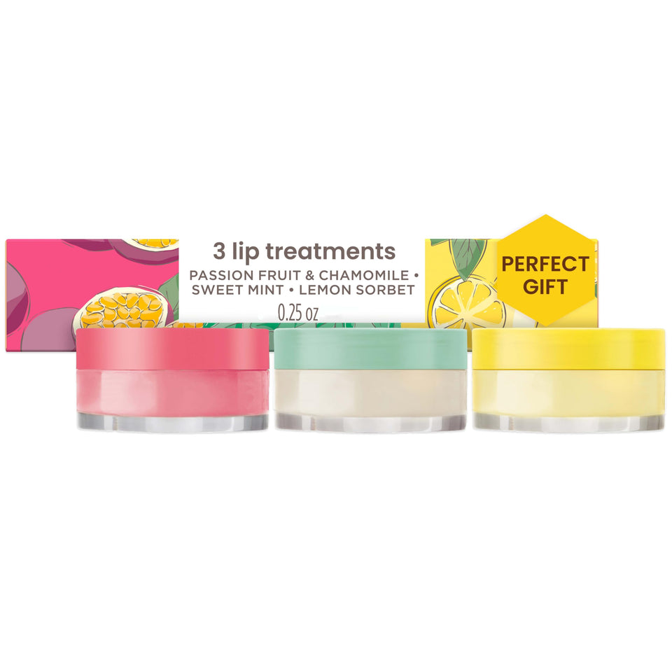 Burt's Bees front packaging showing all three lip mask jars and benefits
