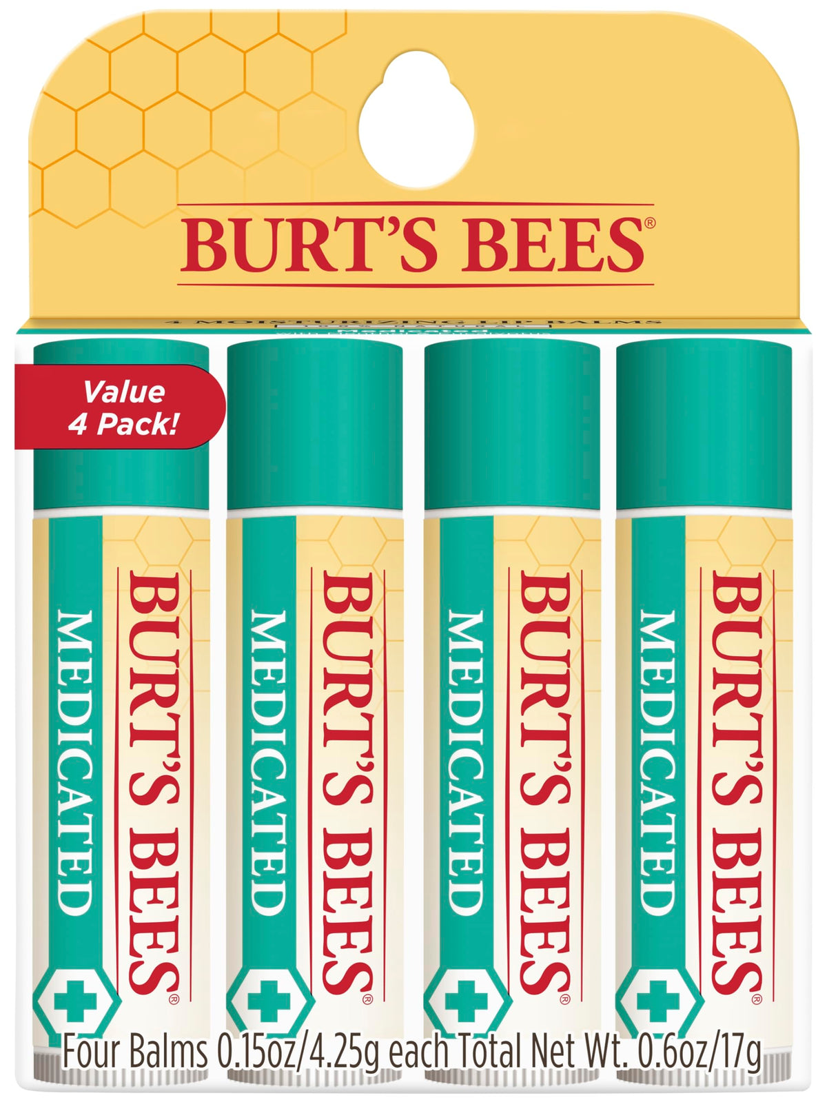 Burt's Bees front packaging showing four medicated lip balm tubes and benefits