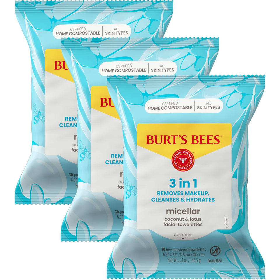 Burt's Bees front packaging showing micellar coconut and lotus wipes and benefits