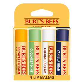 Burt's Bees multipack front packaging showing four flavor tubes and portability benefit