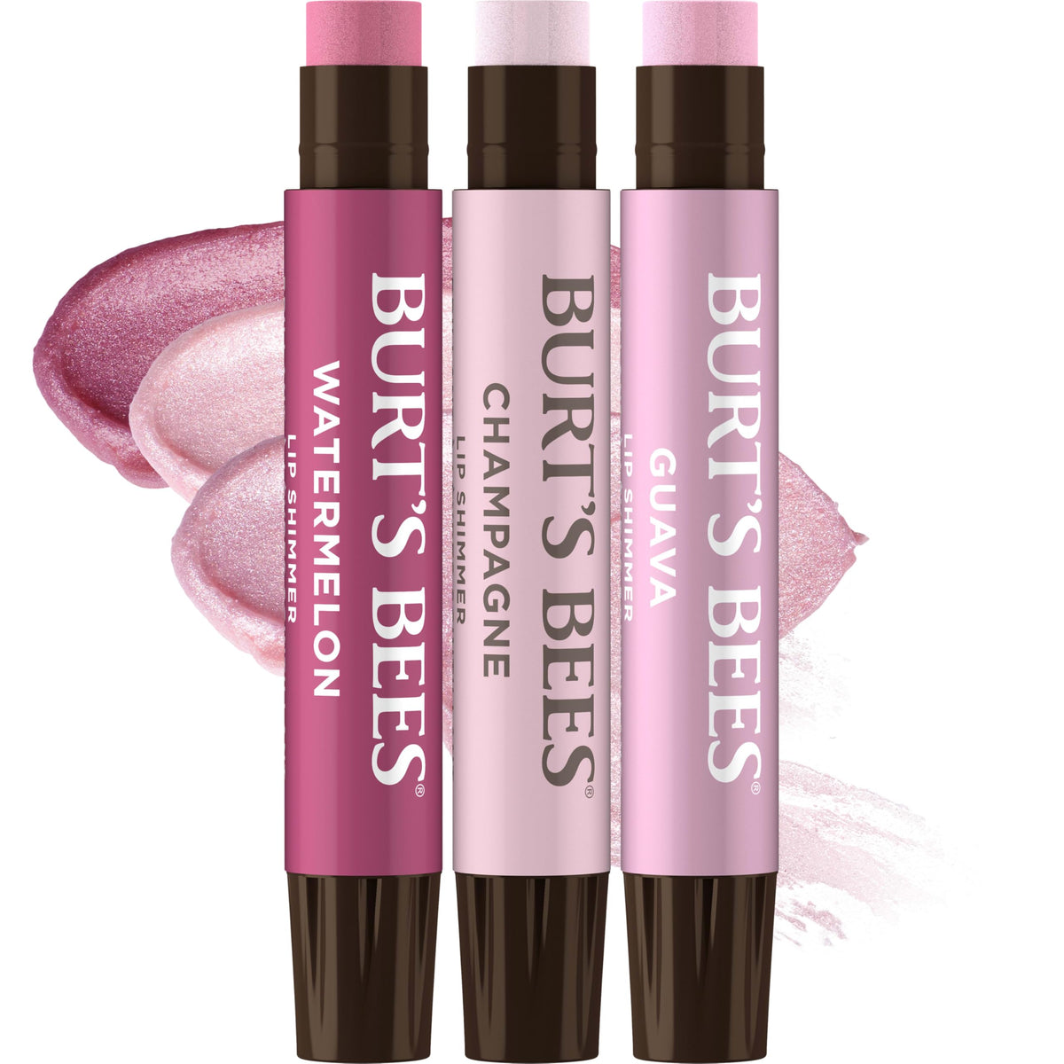 Burt's Bees front packaging pink collection showing three tubes and labels for easy choice