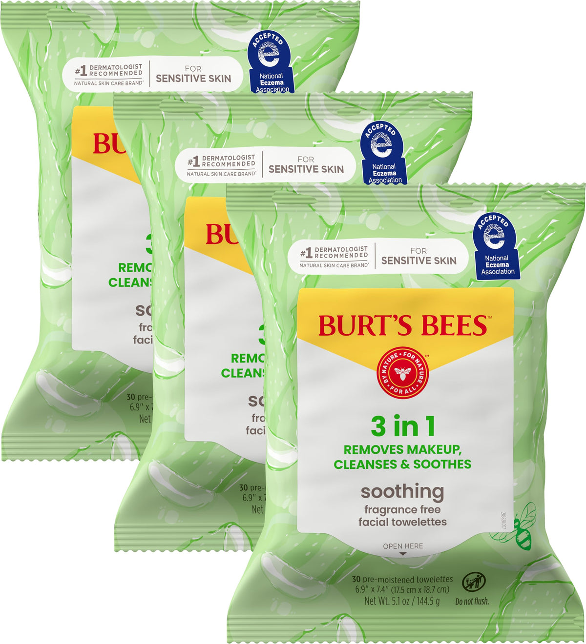 Burt's Bees front packaging showing soothing fragrance free wipes and benefits