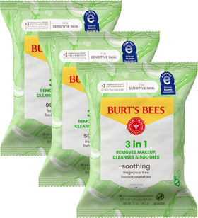 Burt's Bees front packaging showing soothing fragrance free wipes and benefits