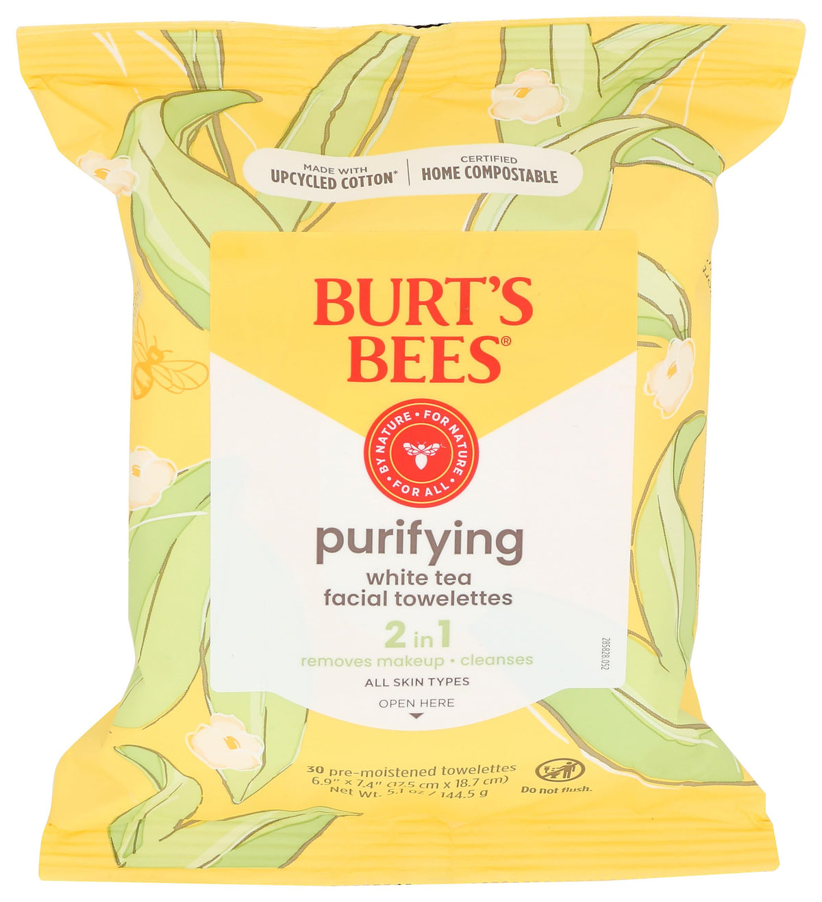 Burt's Bees front packaging showing white tea wipes and benefits