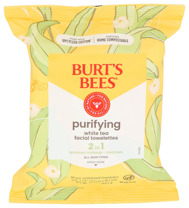 Burt's Bees front packaging showing white tea wipes and benefits