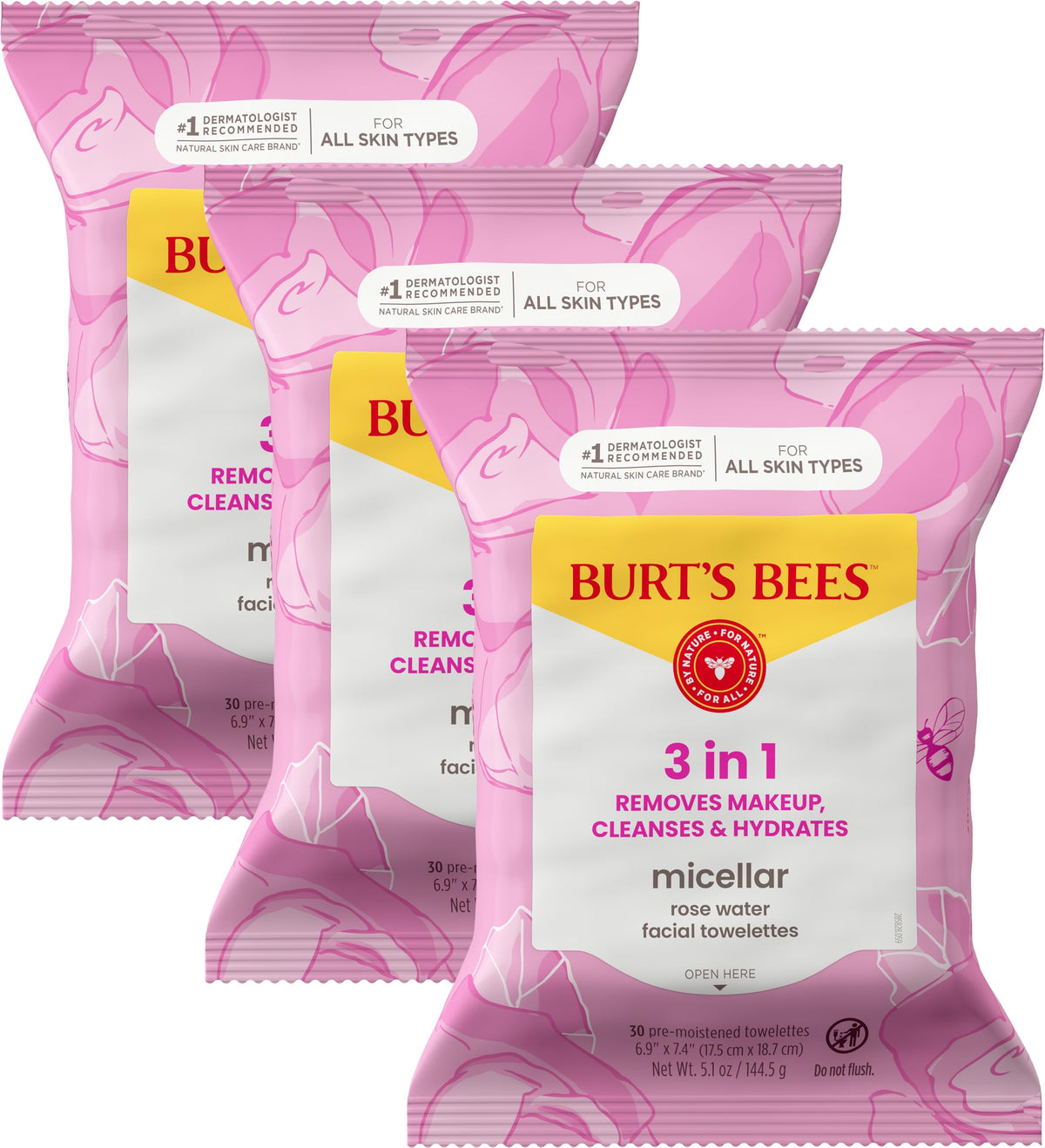 Burt's Bees front packaging showing 30-count wipes and branding benefit
