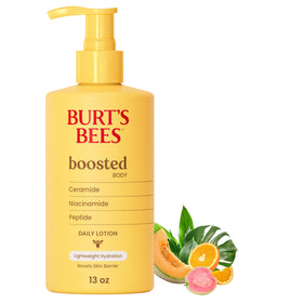 Burt's Bees front packaging showing 13 oz bottle and tropical scent benefits