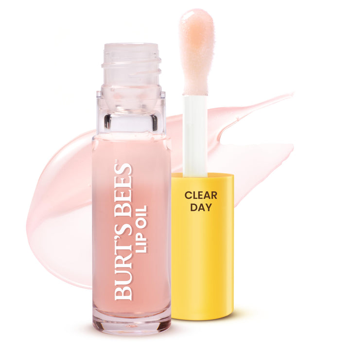 Burt's Bees front packaging showing clear lip oil and product name, highlights natural formula