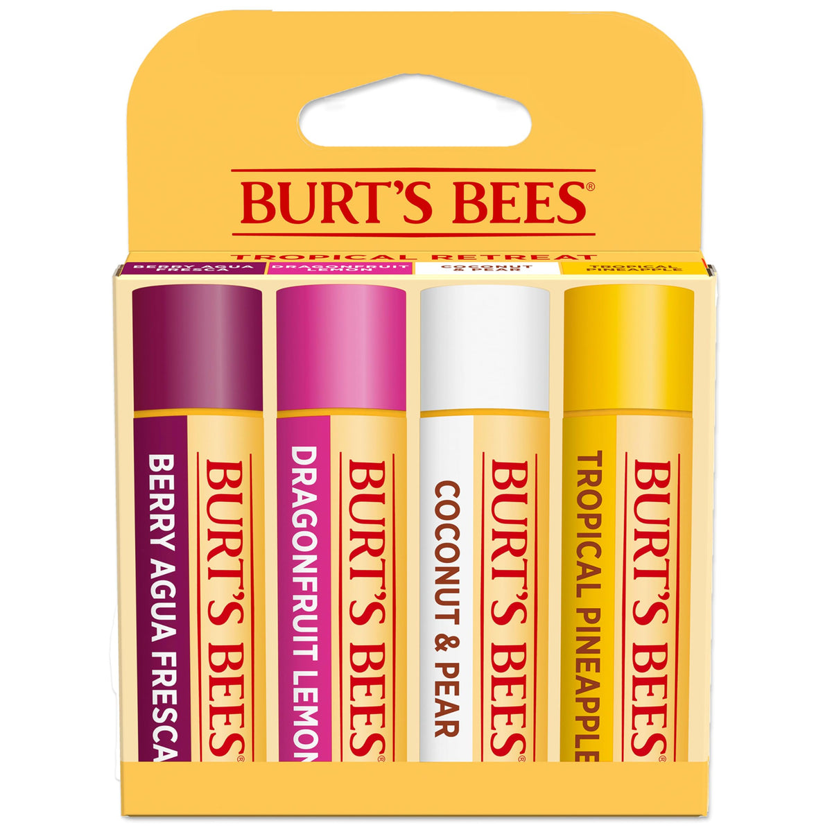 Burt's Bees front packaging showing four flavored lip balm tubes for convenient hydration