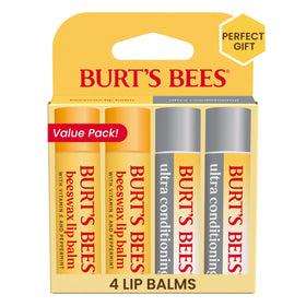 Burt's Bees front packaging showing four tubes and product benefits