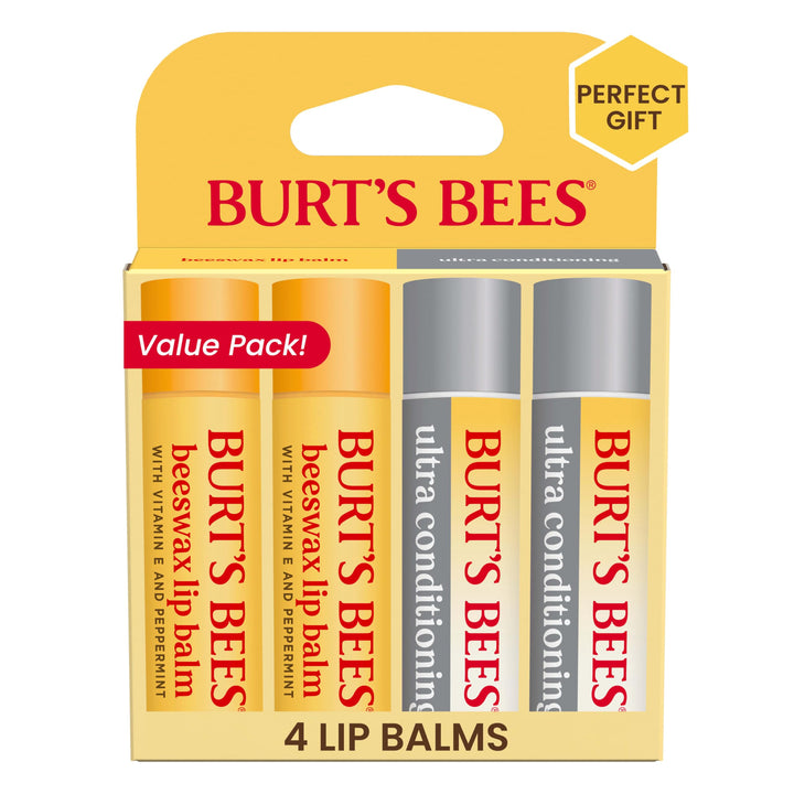 Burt's Bees front packaging showing four tubes and product benefits